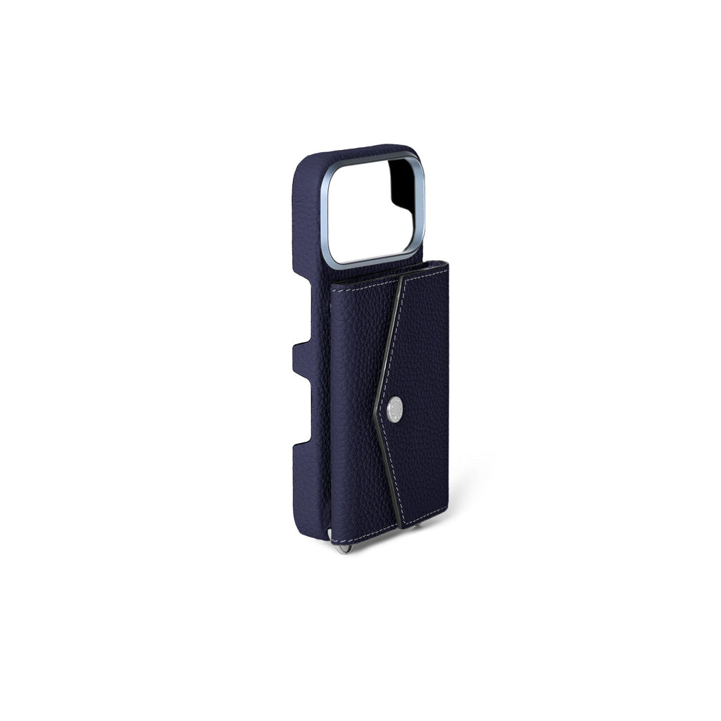 iPhone 17 Pro Back Cover Case with Snap Button Closure Shrink Leather (Navy)