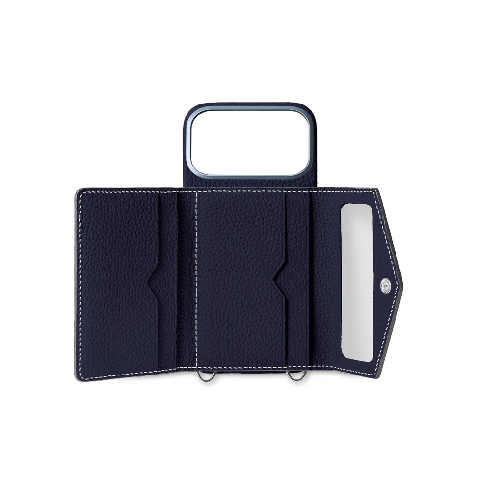 iPhone 17 Pro Back Cover Case with Snap Button Closure Shrink Leather (Navy)