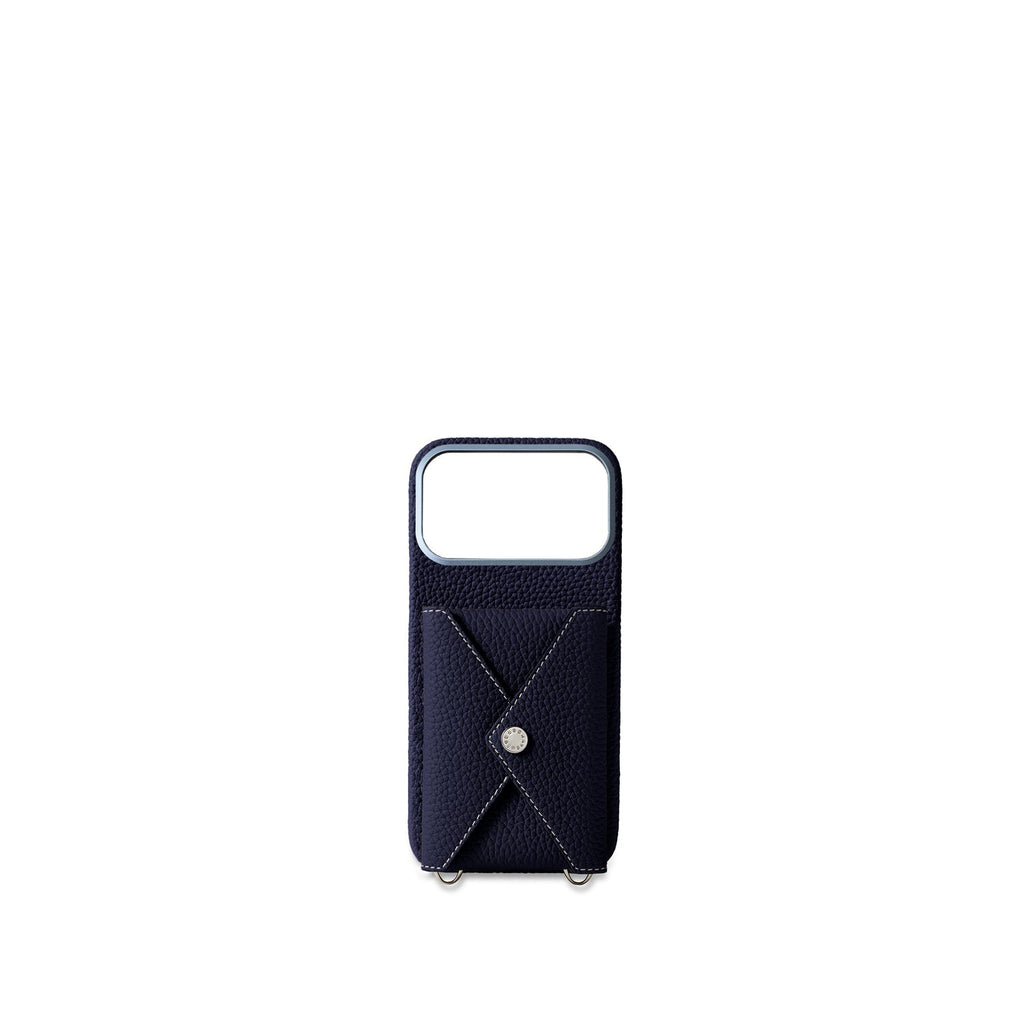 iPhone 17 Pro Max Back Cover Case with Snap Button Closure Shrink Leather (Navy)