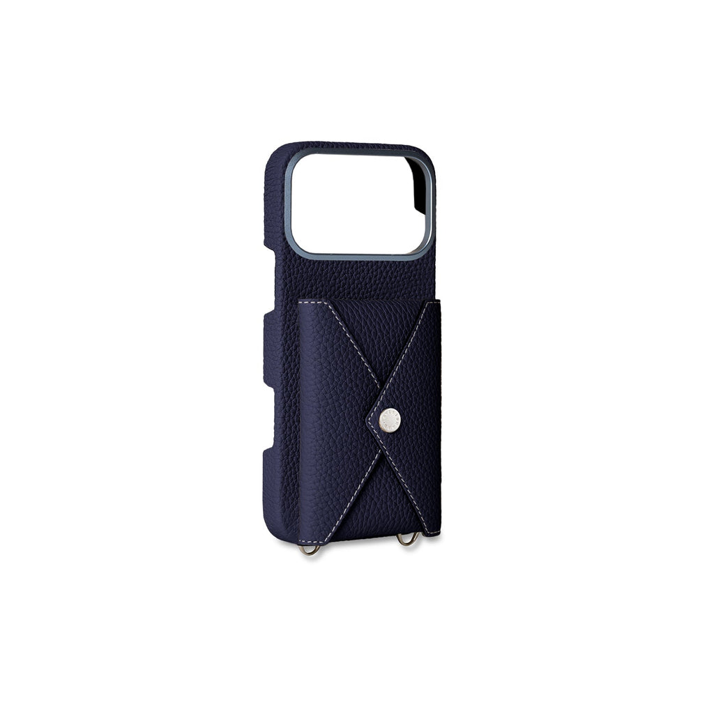 iPhone 17 Pro Max Back Cover Case with Snap Button Closure Shrink Leather (Navy)