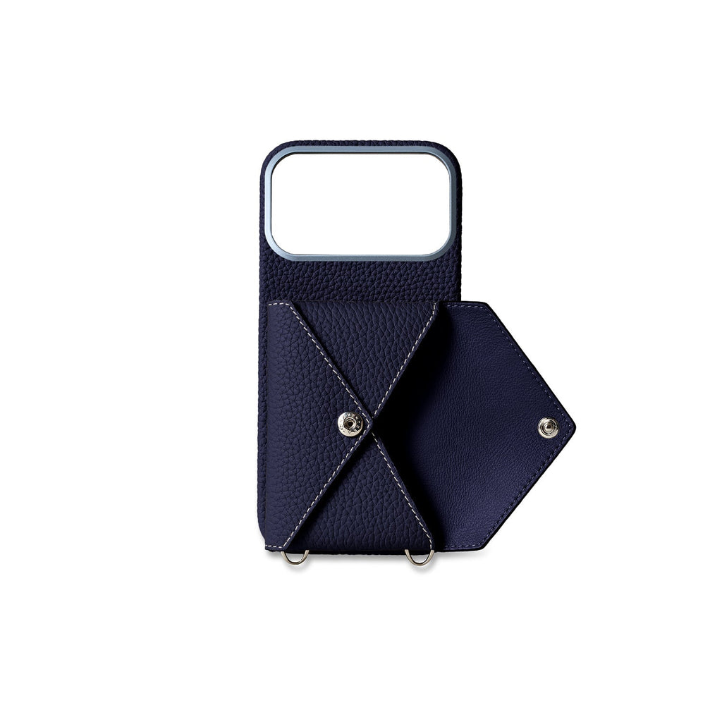 iPhone 17 Pro Max Back Cover Case with Snap Button Closure Shrink Leather (Navy)