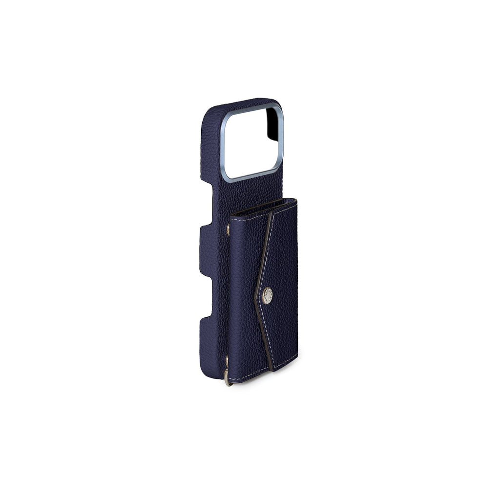 iPhone 17 Pro Max Back Cover Case with Snap Button Closure Shrink Leather (Navy)