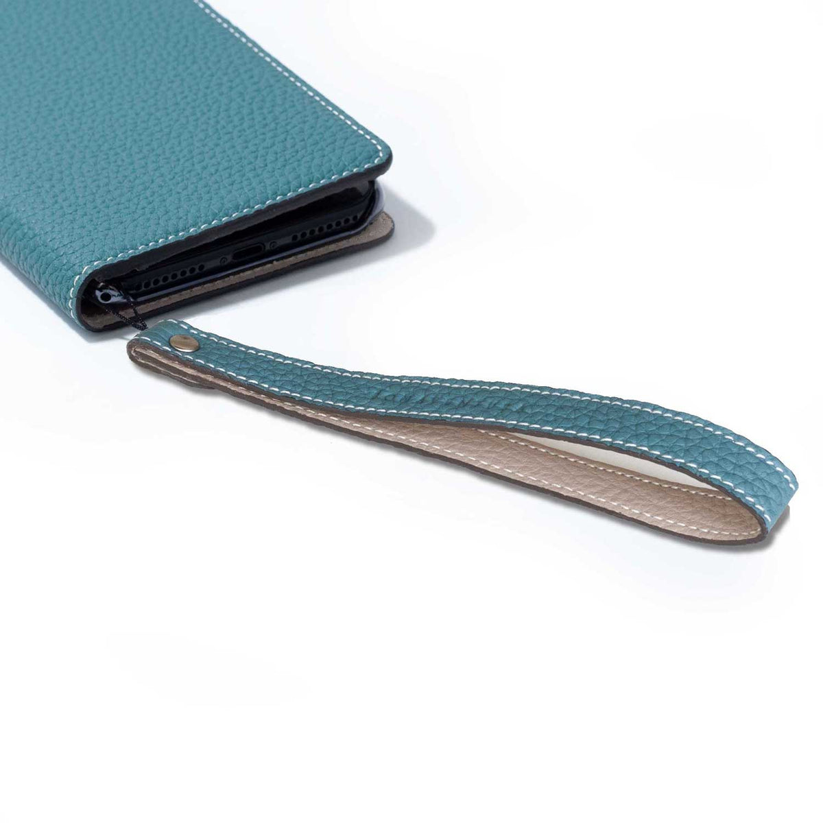 Wrist Strap Shrink Leather (Blue Cyan × Greige - Long)