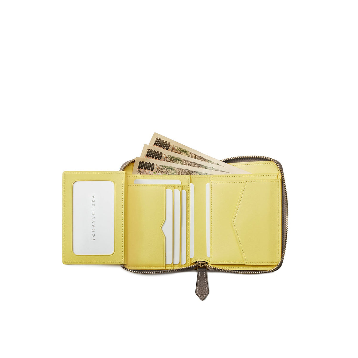 Medium Functional Zip Wallet Shrink Leather (Etoupe × Yellow)