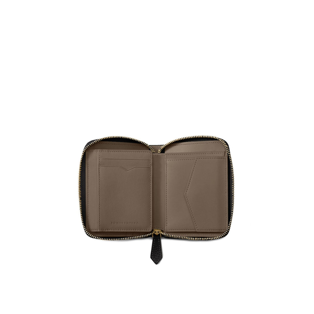 Medium Functional Zip Wallet Shrink Leather (Black × Etoupe)