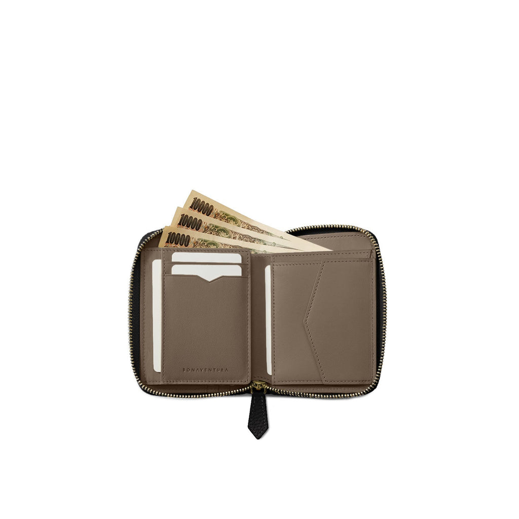 Medium Functional Zip Wallet Shrink Leather (Black × Etoupe)