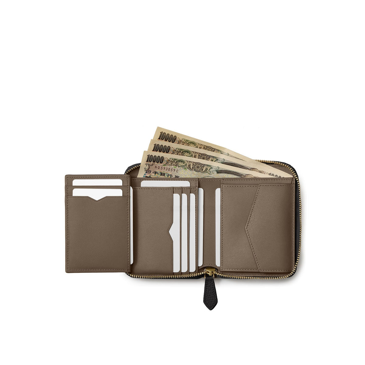 Medium Functional Zip Wallet Shrink Leather (Black × Etoupe)
