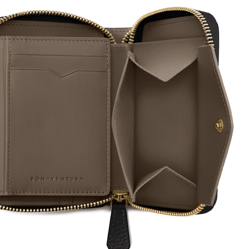 Medium Functional Zip Wallet Shrink Leather (Black × Etoupe)