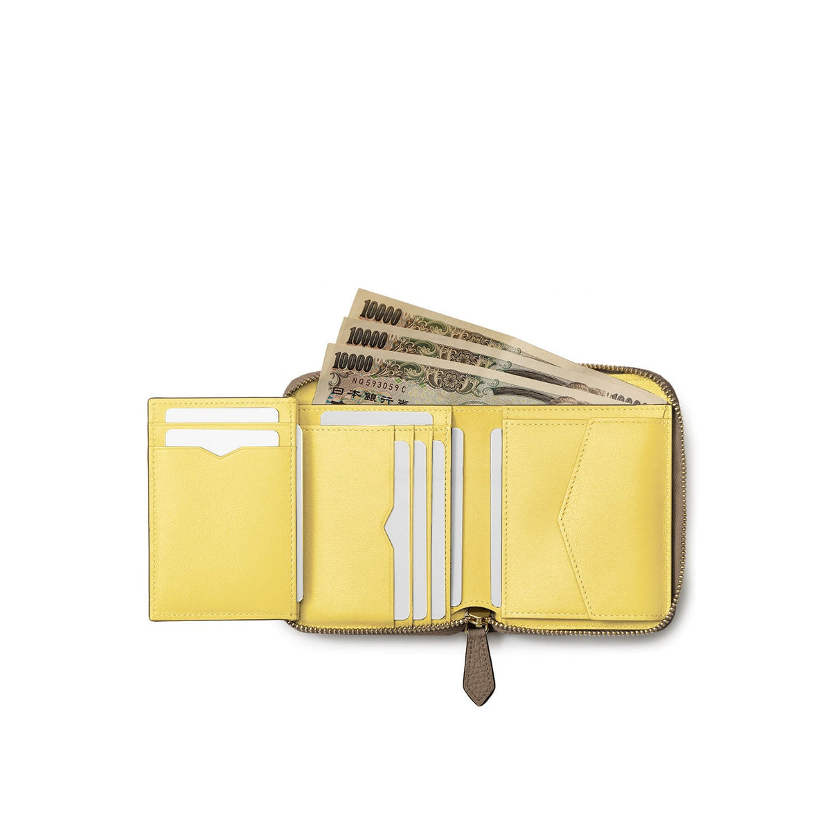 Medium Functional Zip Wallet Shrink Leather (Etoupe × Yellow)