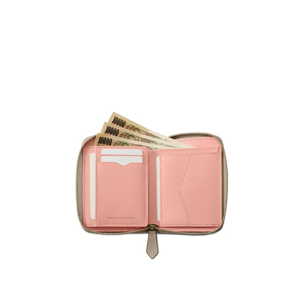 Medium Functional Zip Wallet Shrink Leather (Greige × Baby Pink)