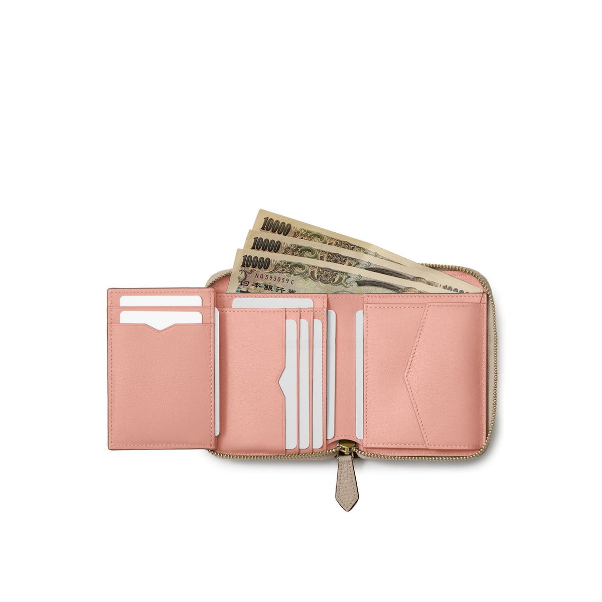Medium Functional Zip Wallet Shrink Leather (Greige × Baby Pink)