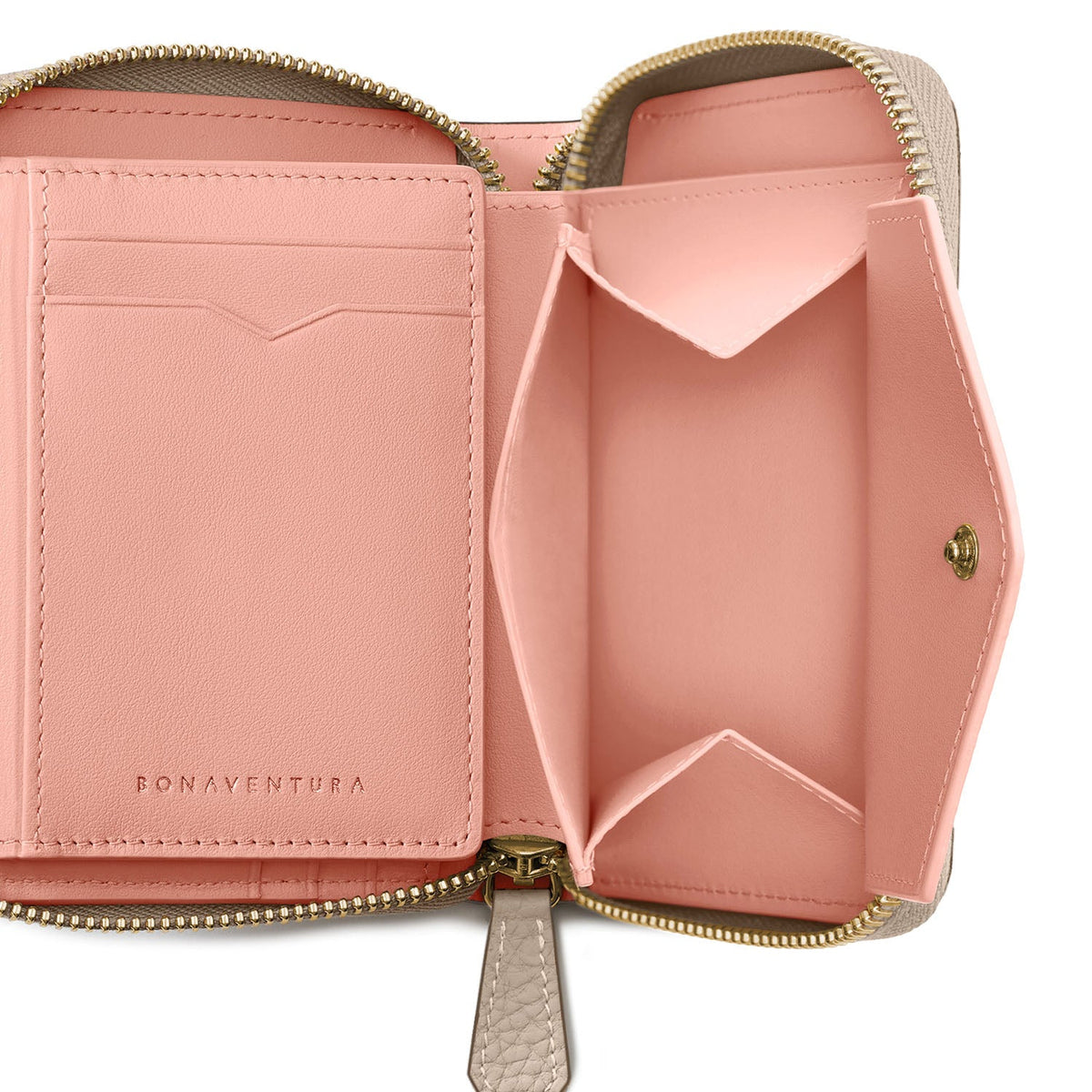 Medium Functional Zip Wallet Shrink Leather (Greige × Baby Pink)