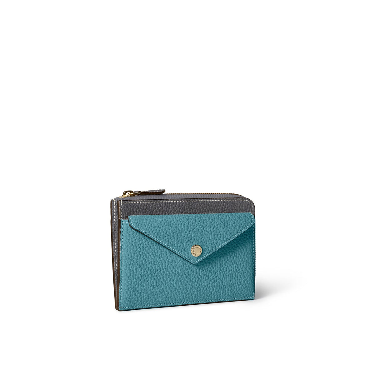 Envelope Zip Wallet Shrink Leather (Charcoal Gray × Blue Cyan)