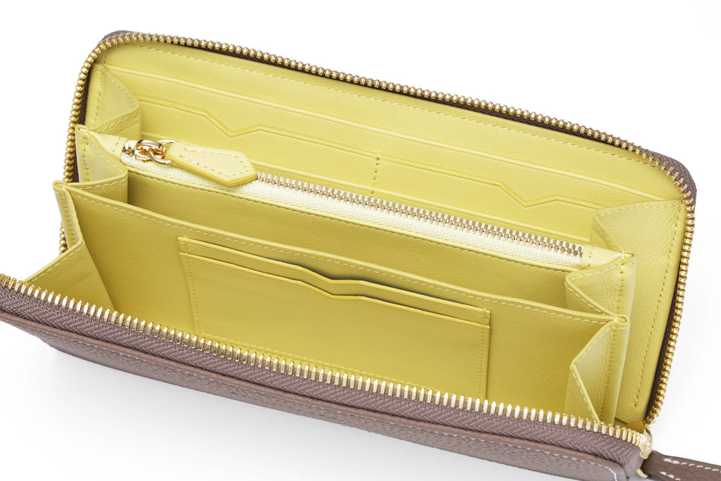 Long Zip Wallet Shrink Leather (Etoupe × Yellow)