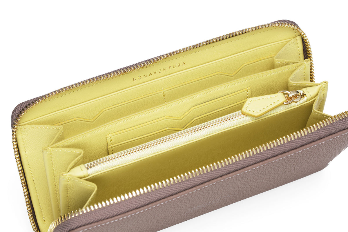 Long Zip Wallet Shrink Leather (Etoupe × Yellow)