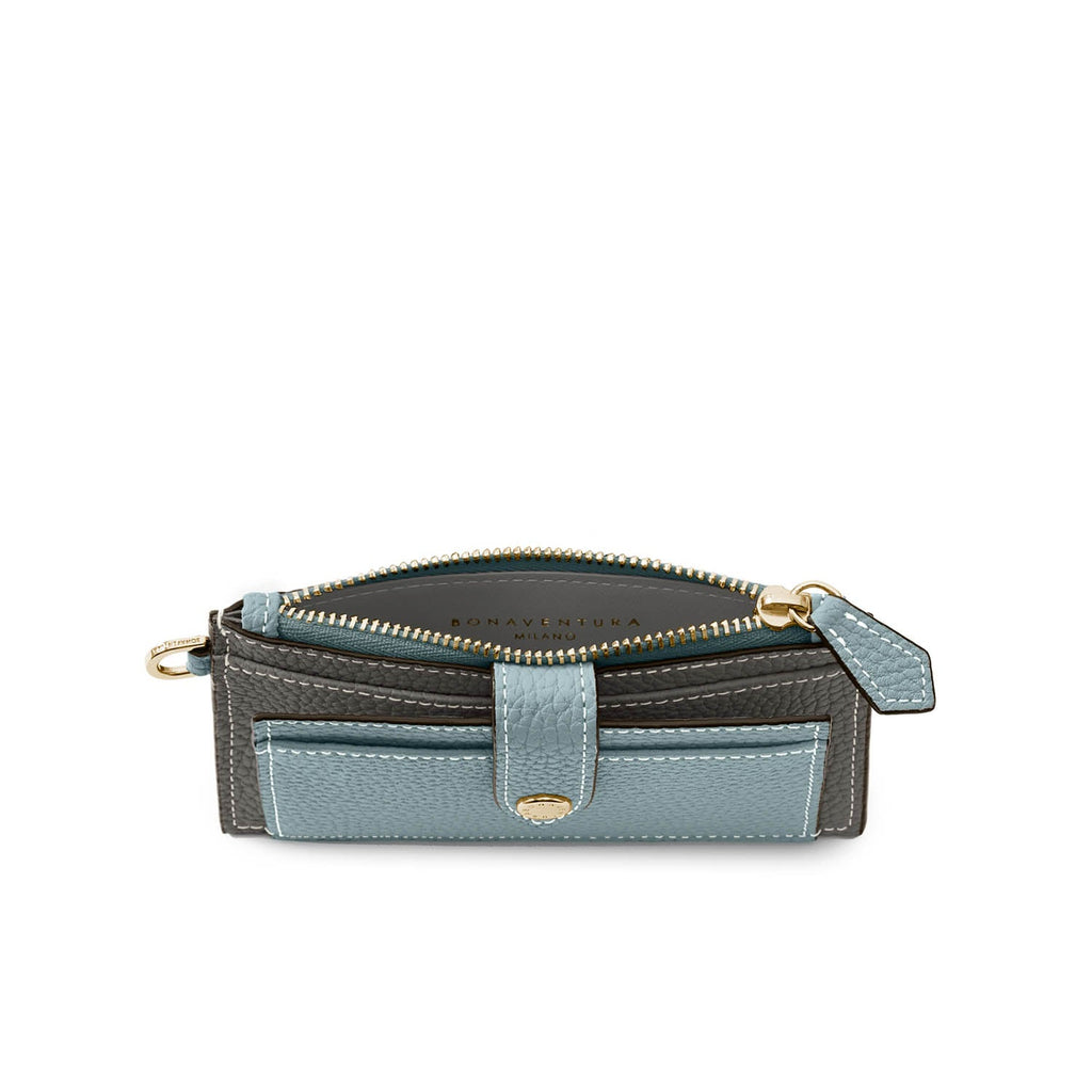 Belted Card Case with Flap Shrink Leather (Smoky Mint × Charcoal Gray)