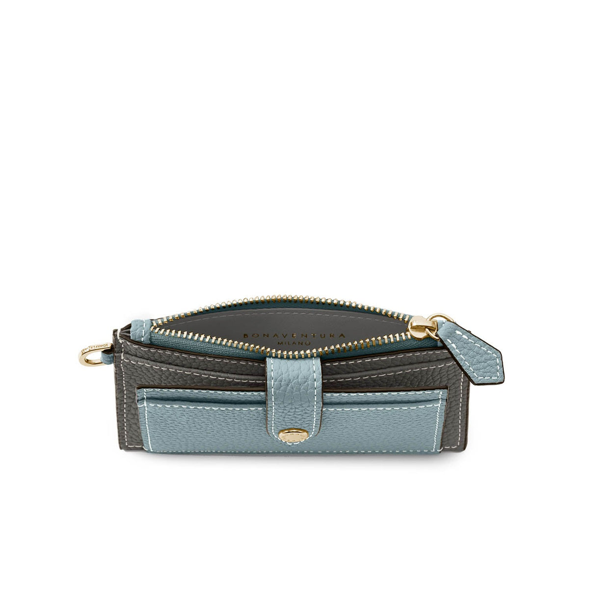 Belted Card Case with Flap Shrink Leather (Smoky Mint × Charcoal Gray)