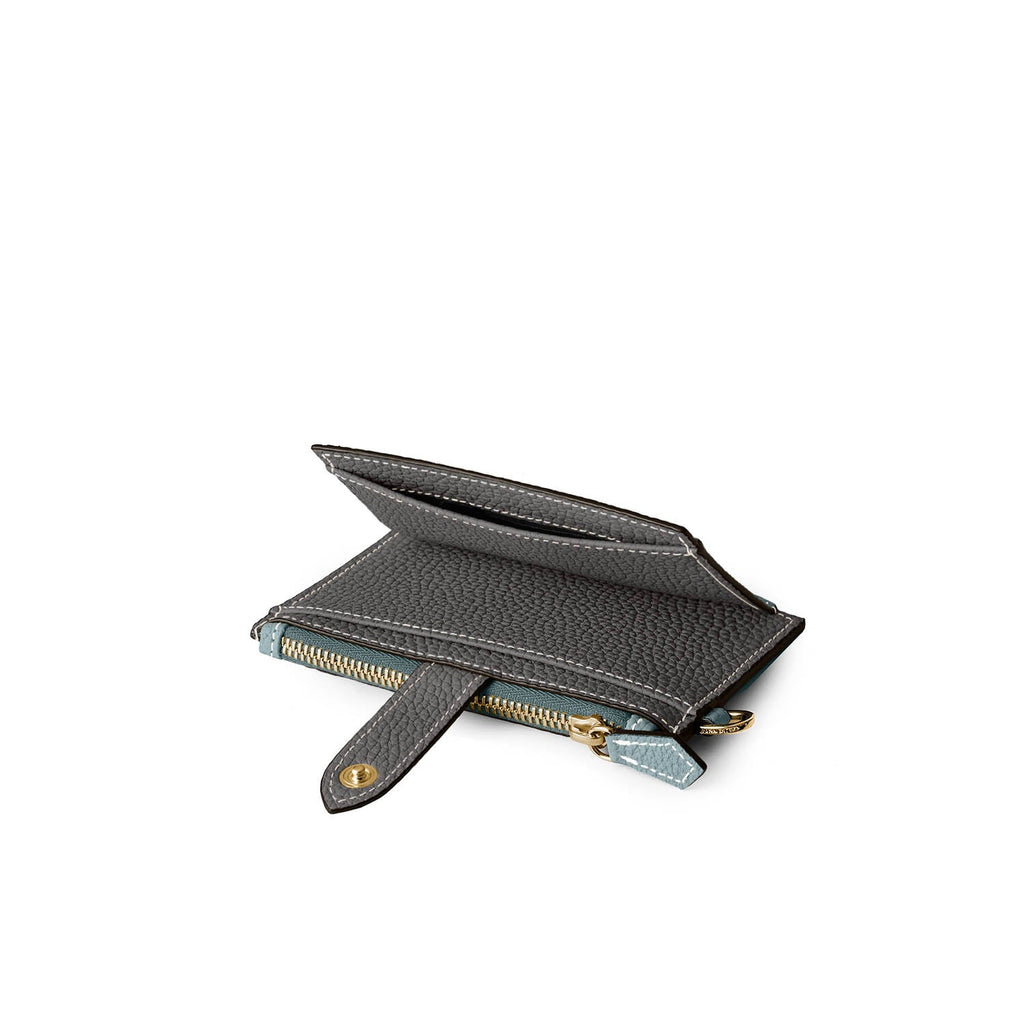 Belted Card Case with Flap Shrink Leather (Smoky Mint × Charcoal Gray)