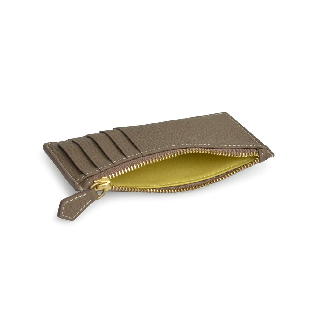 Mini Zip Wallet Gussetless Shrink Leather (Etoupe × Yellow)