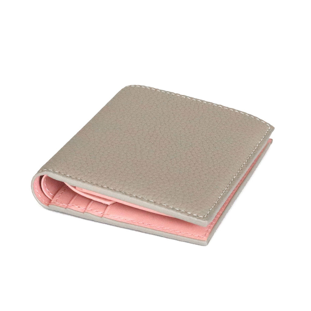 Bi-fold Wallet Shrink Leather (Greige × Baby Pink)