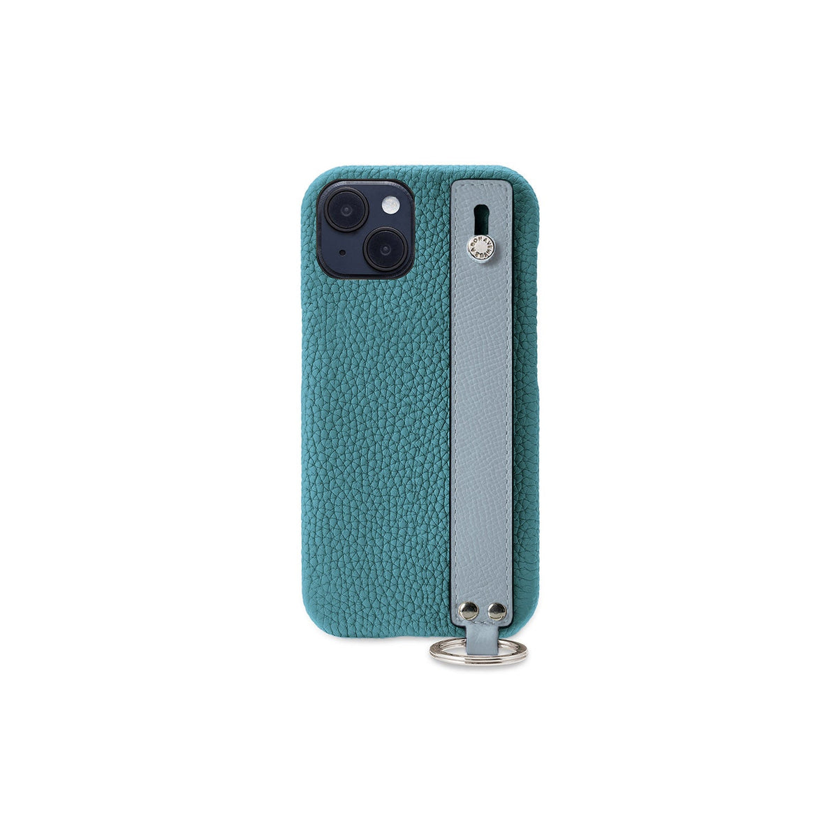 iPhone 14 Back Cover Case with Handle Shrink Leather (Blue Cyan × Blue Lin - Silver)