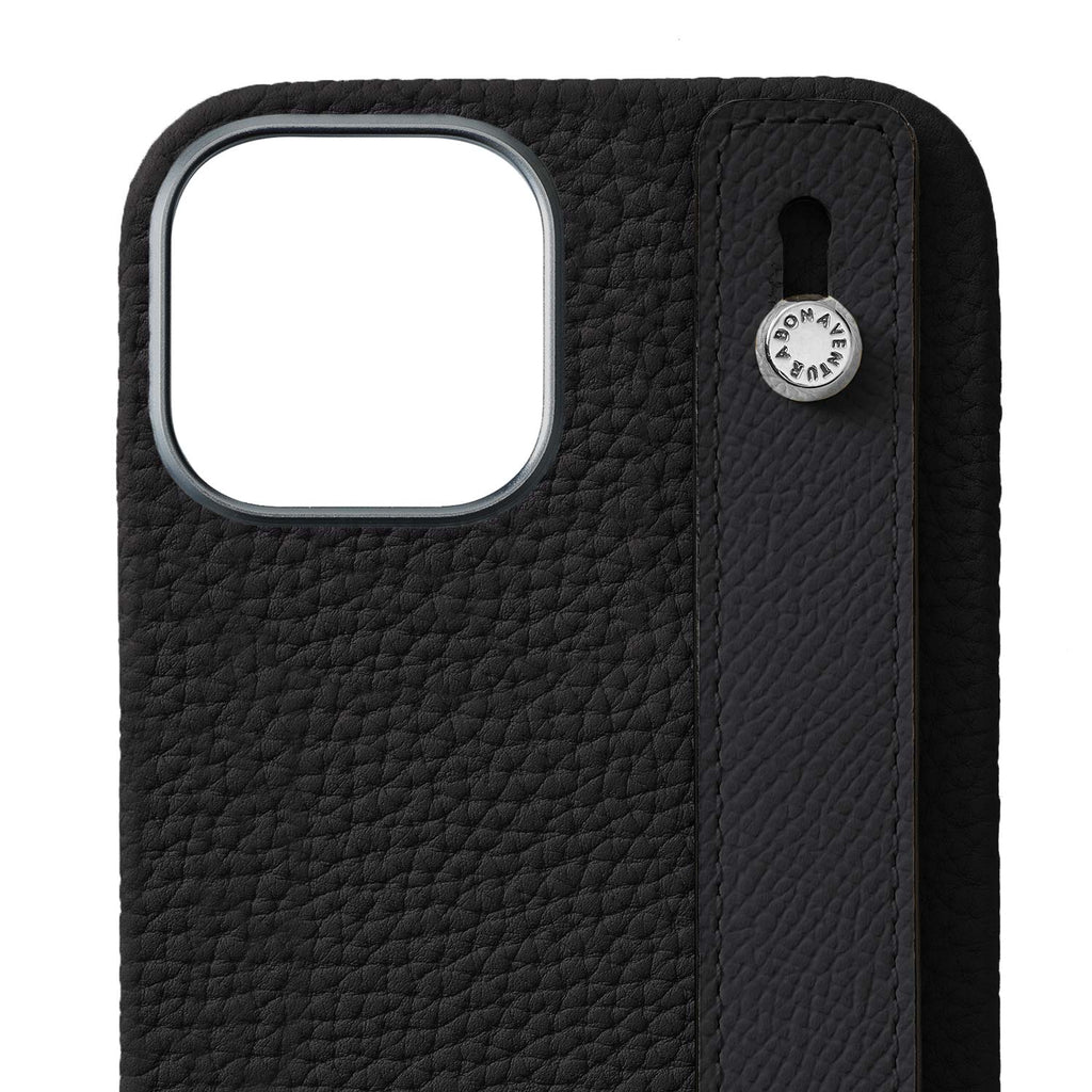 iPhone 15 Back Cover Case with Handle Shrink Leather (Black - Silver)