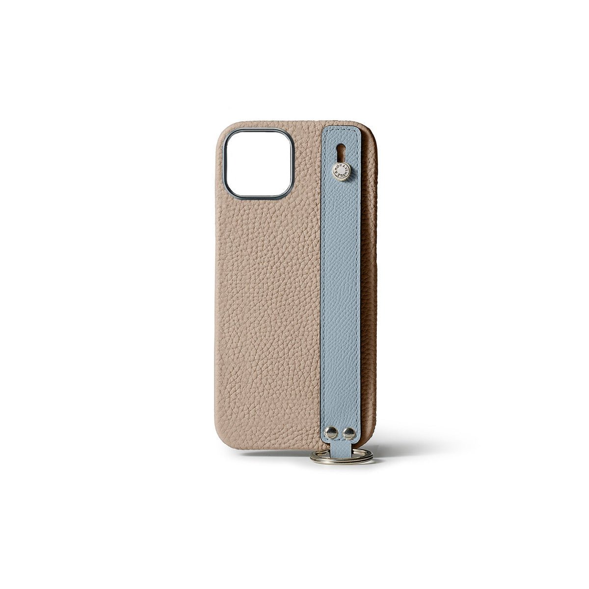 iPhone 15 Back Cover Case with Handle Shrink Leather (Greige × Blue Lin - Silver)