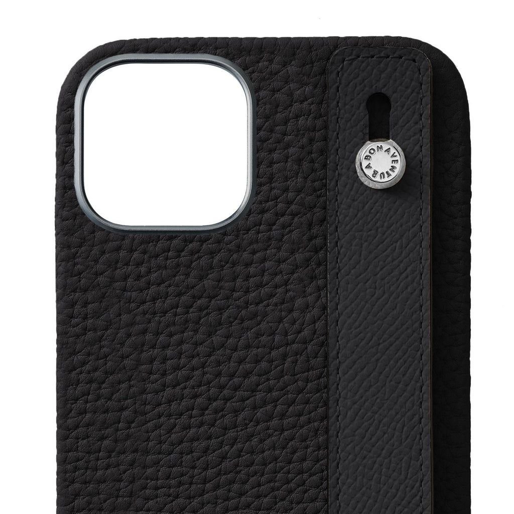 iPhone 15 Plus Back Cover Case with Handle Shrink Leather (Black - Silver)