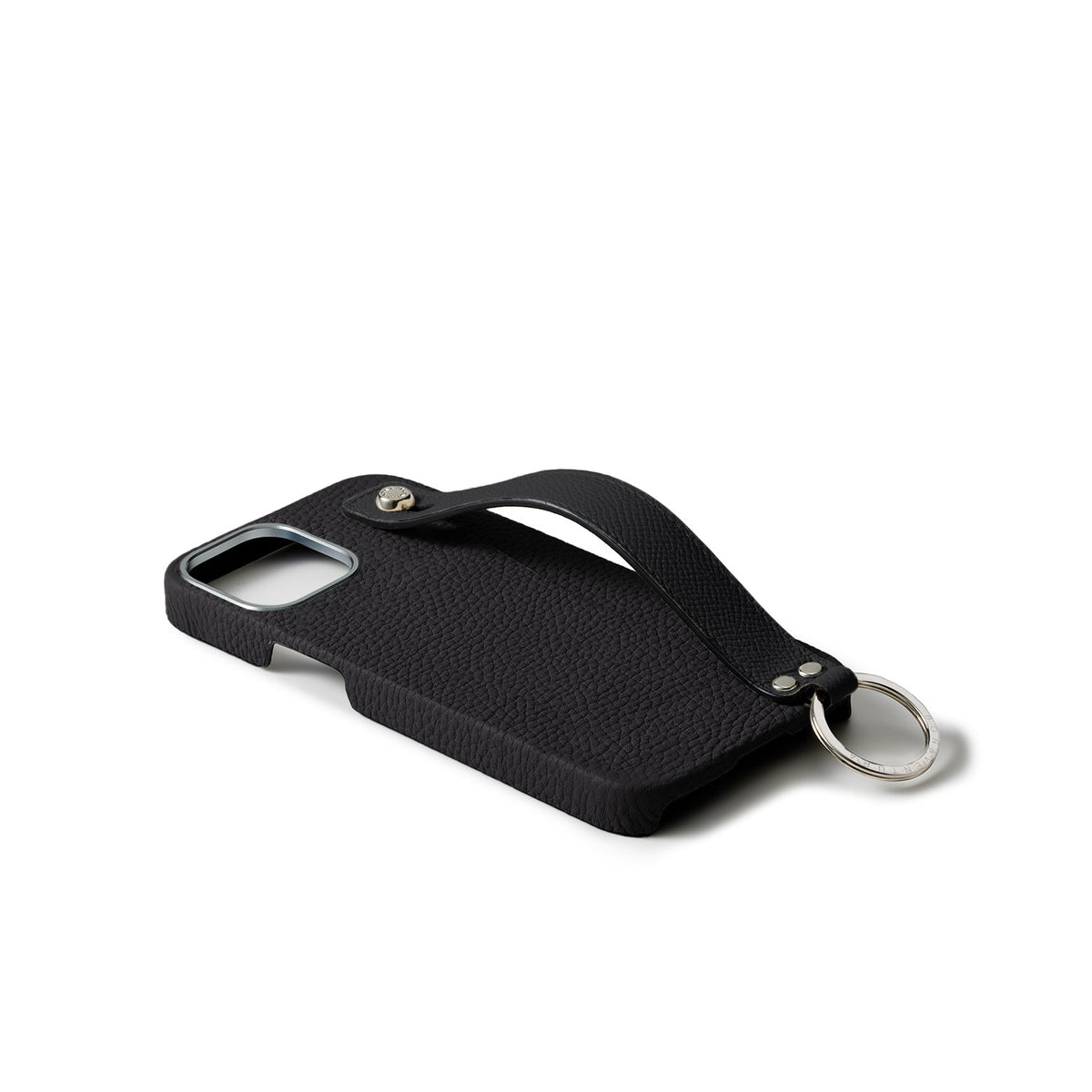 iPhone 15 Plus Back Cover Case with Handle Shrink Leather (Black - Silver)