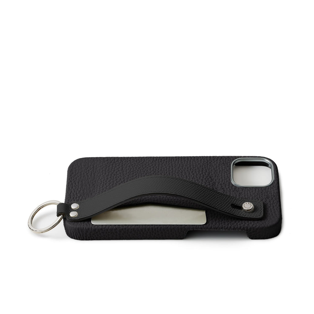 iPhone 15 Plus Back Cover Case with Handle Shrink Leather (Black - Silver)