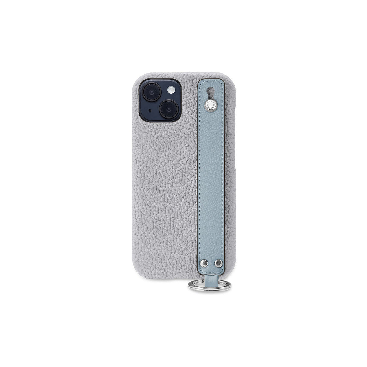 iPhone 15 Plus Back Cover Case with Handle Shrink Leather (True Gray × Blue Lin - Silver)