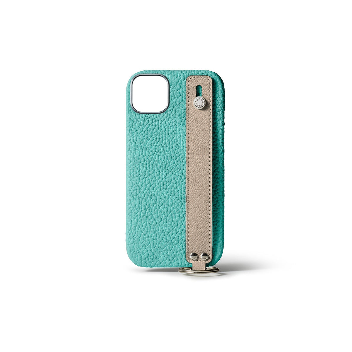 iPhone 15 Plus Back Cover Case with Handle Shrink Leather (Atoll Blue × Greige (Etoupe edge paint) - Silver)