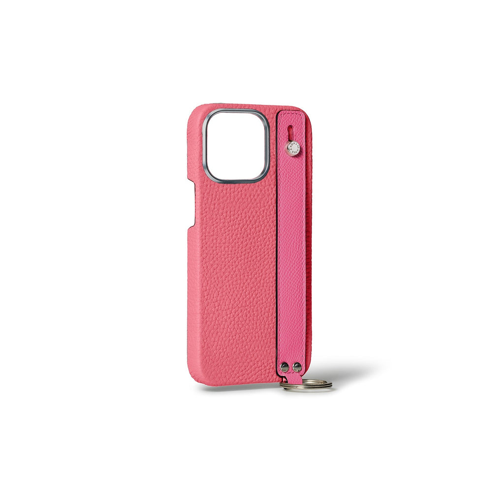 iPhone 15 Pro Max Back Cover Case with Handle Shrink Leather (Azalee Pink × Fuchsia Pink - Silver)