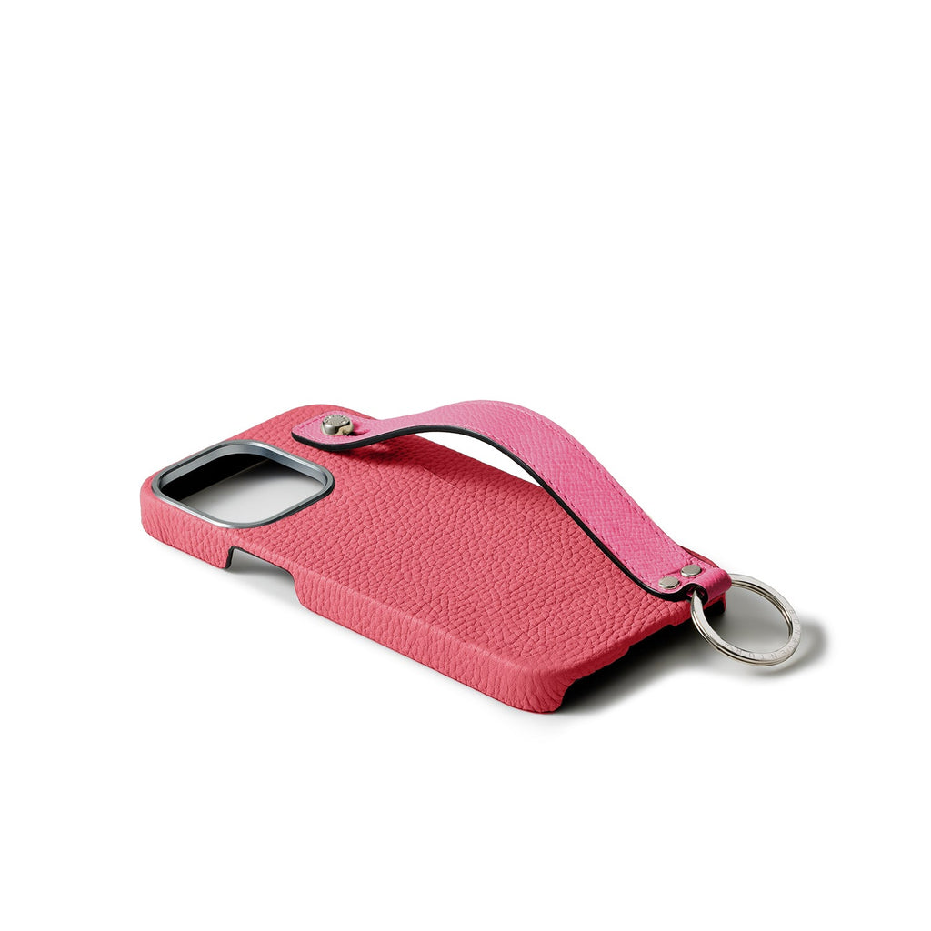 iPhone 15 Pro Max Back Cover Case with Handle Shrink Leather (Azalee Pink × Fuchsia Pink - Silver)