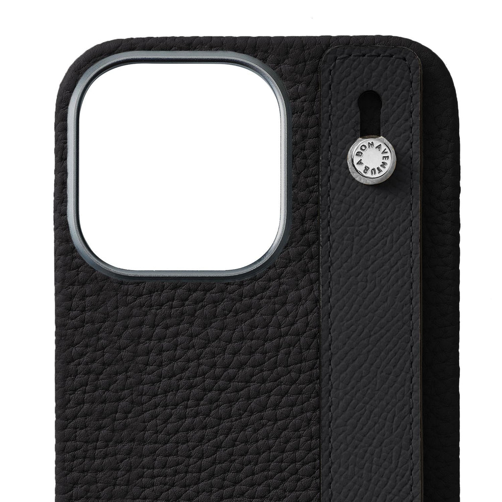 iPhone 15 Pro Max Back Cover Case with Handle Shrink Leather (Black - Silver)