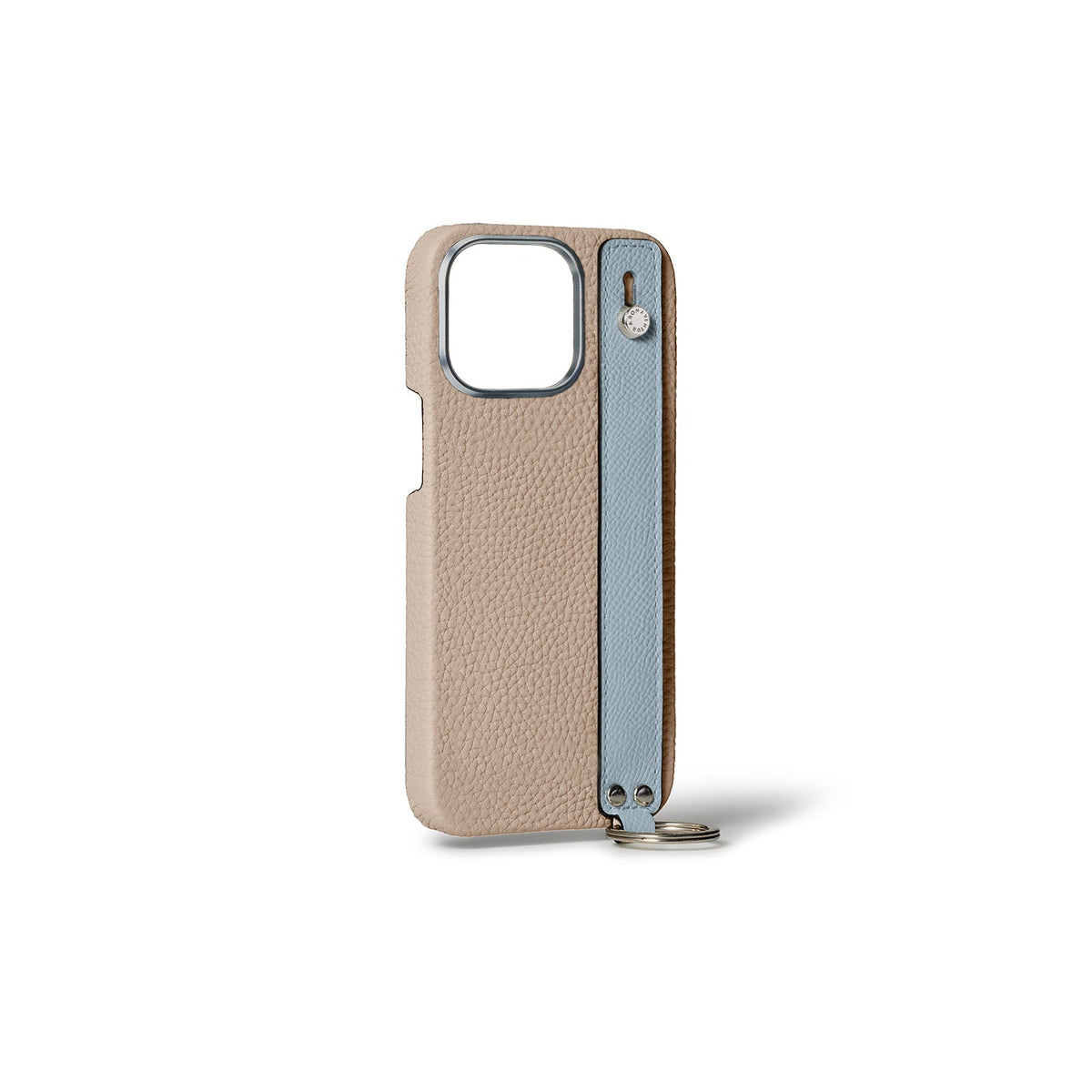 iPhone 15 Pro Max Back Cover Case with Handle Shrink Leather (Greige × Blue Lin - Silver)