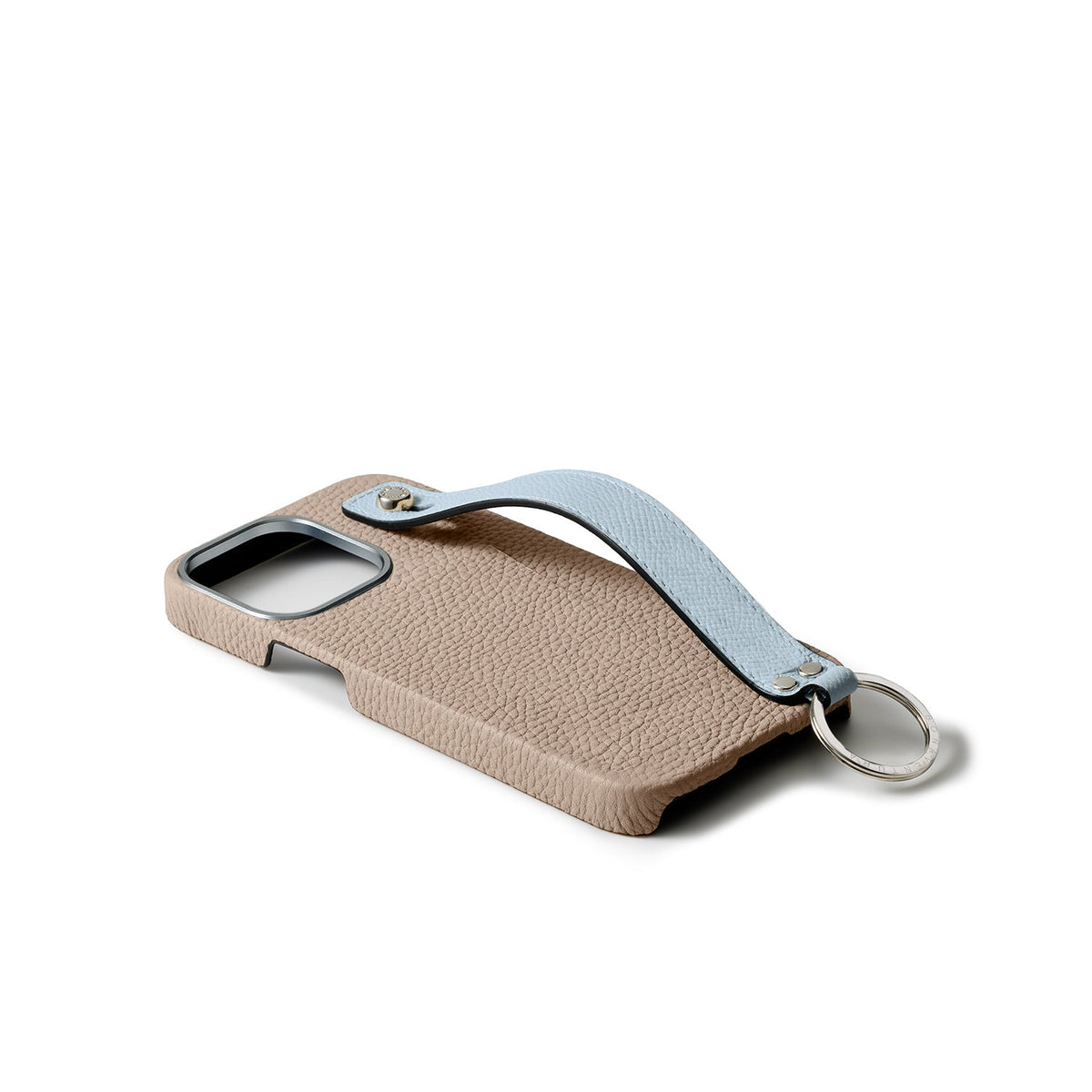 iPhone 15 Pro Max Back Cover Case with Handle Shrink Leather (Greige × Blue Lin - Silver)