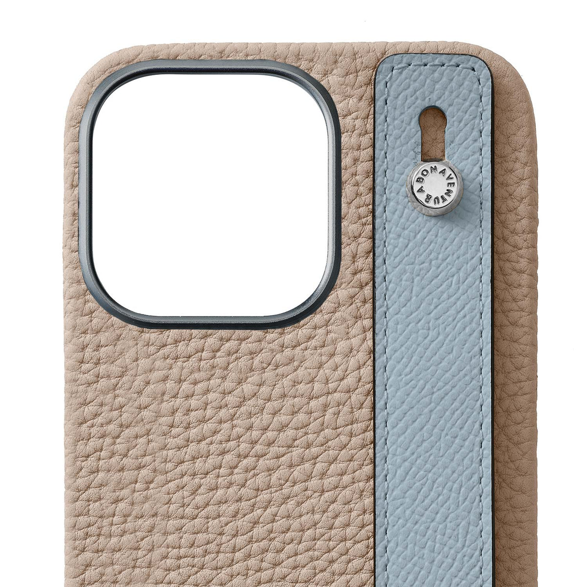 iPhone 15 Pro Max Back Cover Case with Handle Shrink Leather (Greige × Blue Lin - Silver)