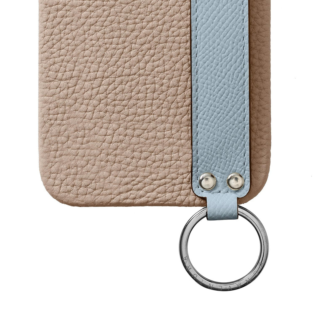 iPhone 15 Pro Max Back Cover Case with Handle Shrink Leather (Greige × Blue Lin - Silver)