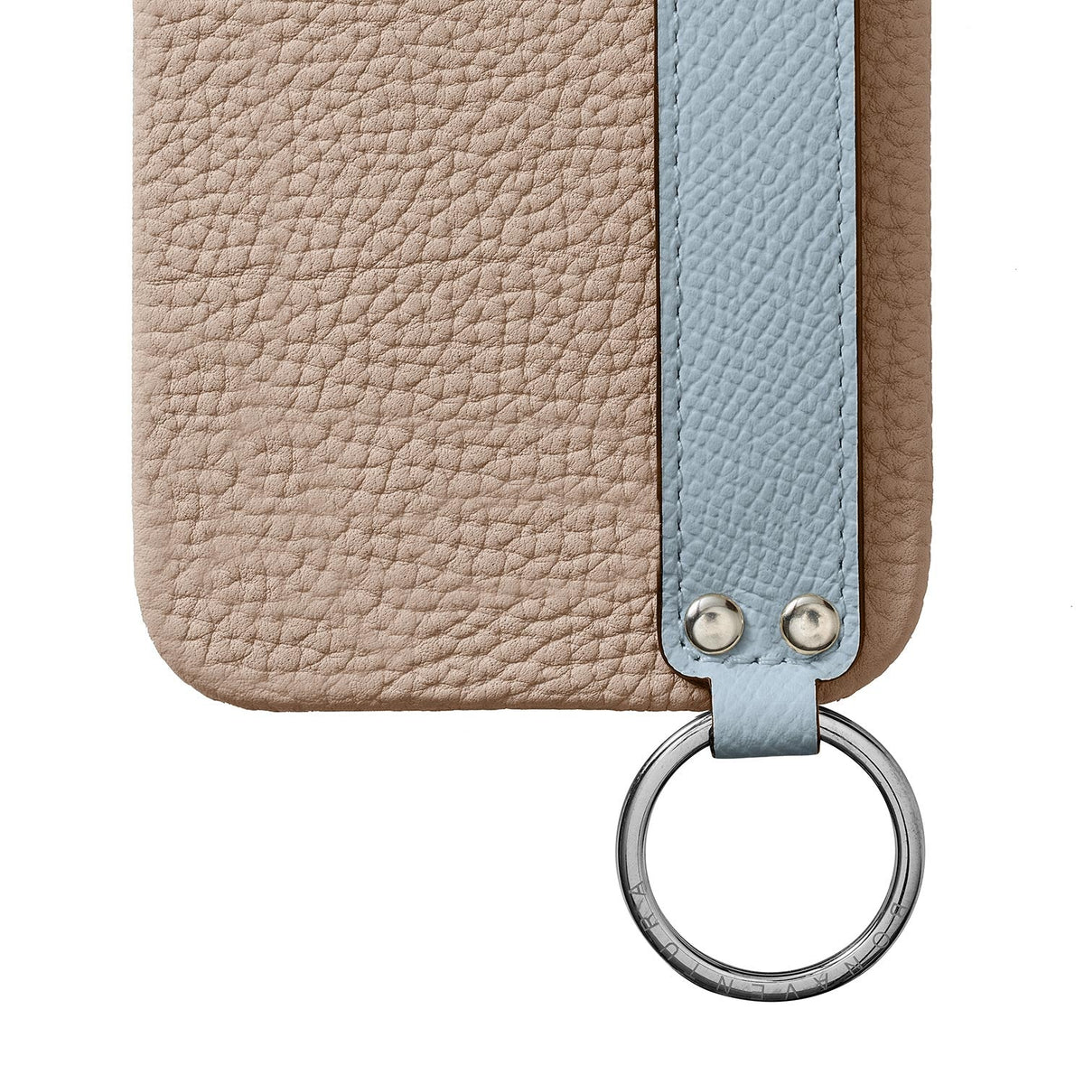 iPhone 15 Pro Max Back Cover Case with Handle Shrink Leather (Greige × Blue Lin - Silver)