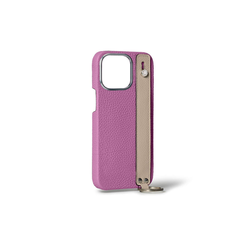 iPhone 15 Pro Max Back Cover Case with Handle Shrink Leather (Pearl Purple × Greige - Silver)