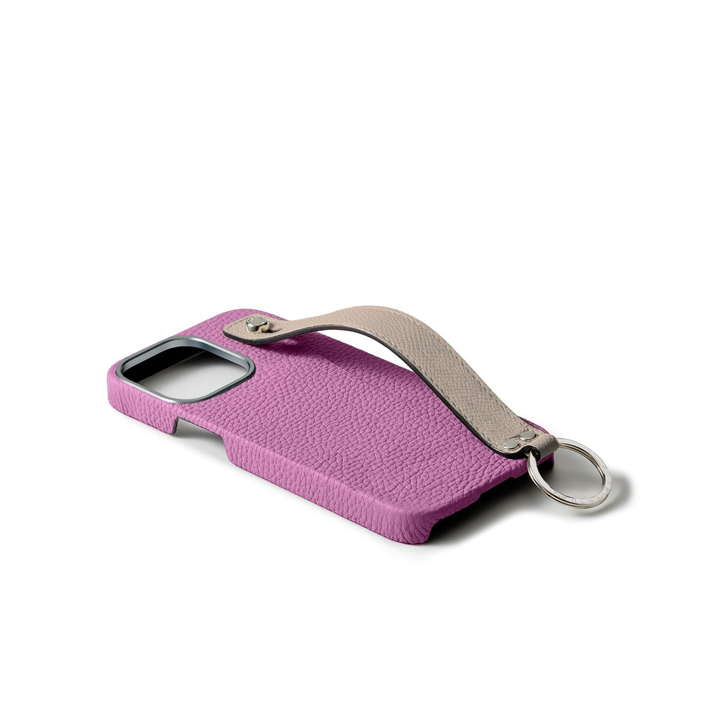 iPhone 15 Pro Max Back Cover Case with Handle Shrink Leather (Pearl Purple × Greige - Silver)