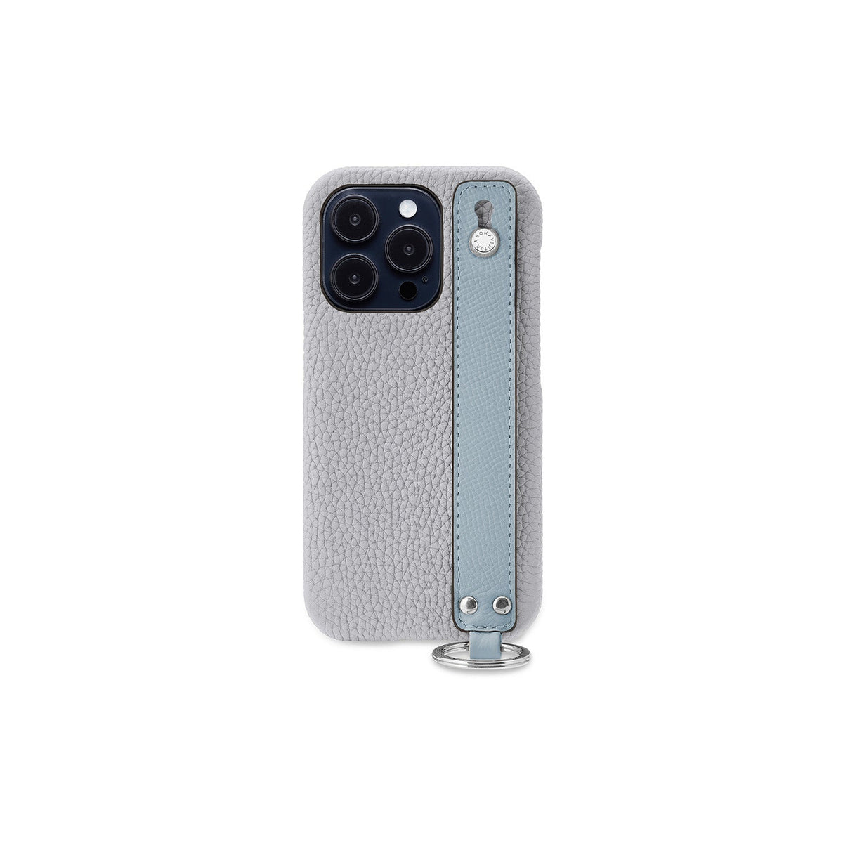 iPhone 15 Pro Max Back Cover Case with Handle Shrink Leather (True Gray × Blue Lin - Silver)