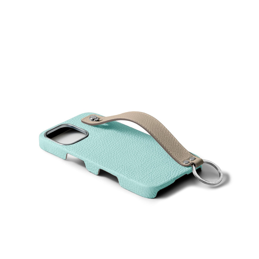 iPhone 16 Back Cover Case with Handle Shrink Leather (Mare Blue × Greige (Etoupe edge paint) - Silver)