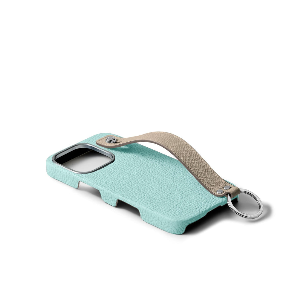 iPhone 16 Pro Back Cover Case with Handle Shrink Leather (Mare Blue × Greige (Etoupe edge paint) - Silver)