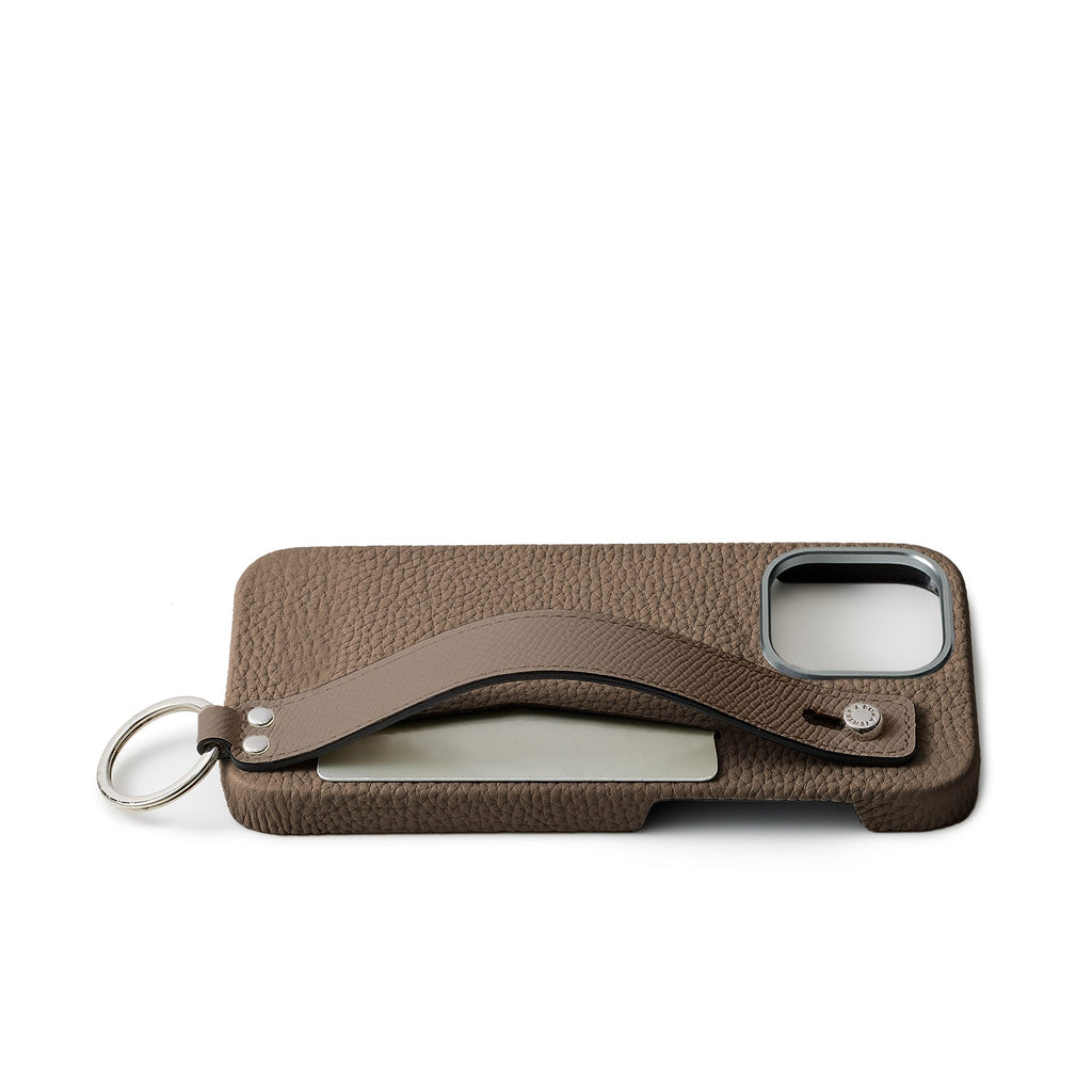 iPhone 16 Pro Max Back Cover Case with Handle Shrink Leather (Etoupe - Silver)