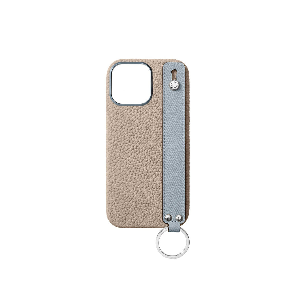 iPhone 16 Pro Max Back Cover Case with Handle Shrink Leather (Greige × Blue Lin - Silver)