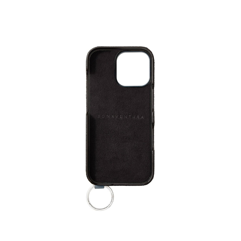 iPhone 16 Pro Max Back Cover Case with Handle Shrink Leather (Greige × Blue Lin - Silver)