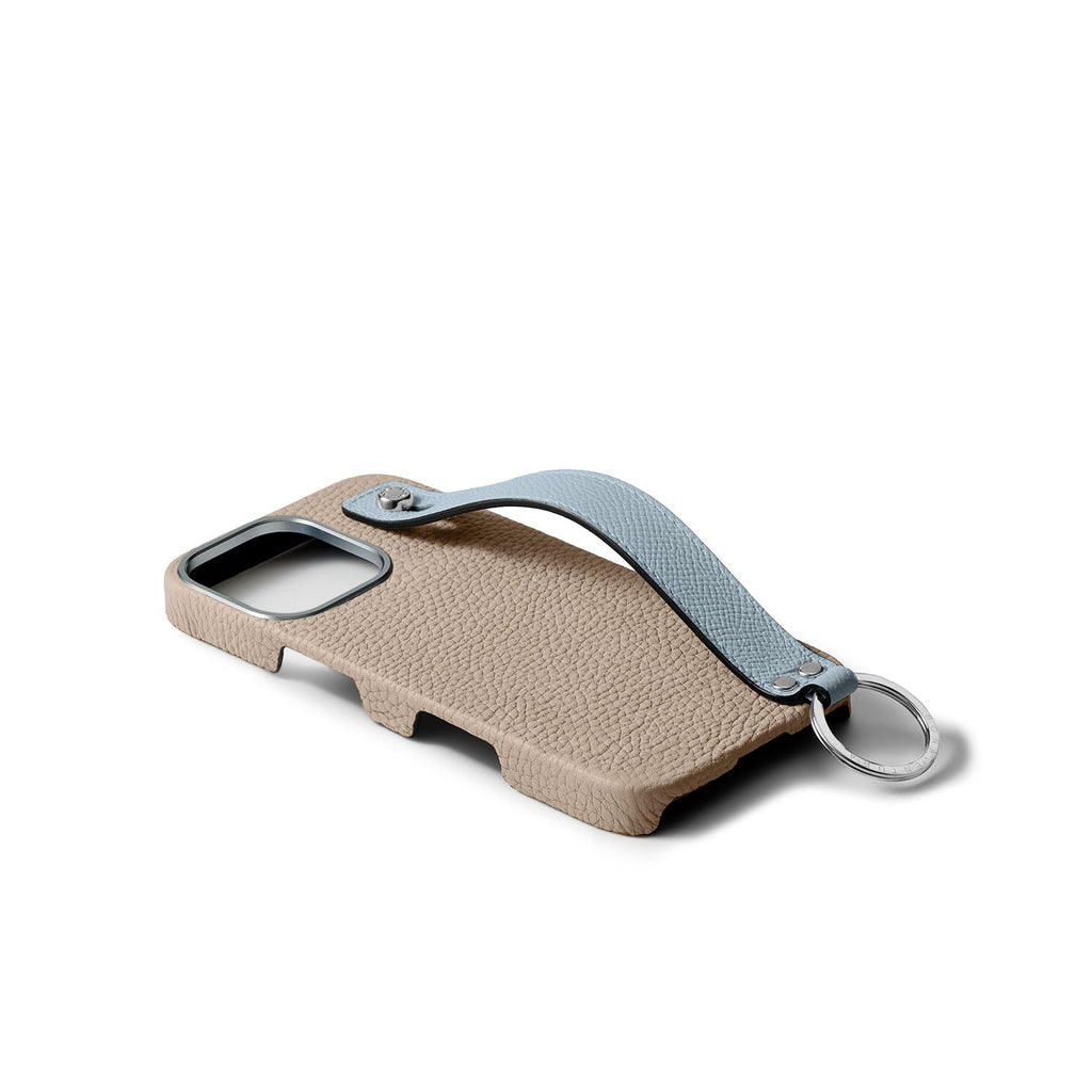 iPhone 16 Pro Max Back Cover Case with Handle Shrink Leather (Greige × Blue Lin - Silver)