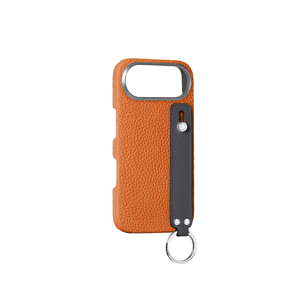 iPhone Air Back Cover Case with Handle Shrink Leather (Orange × Charcoal Gray - Silver)